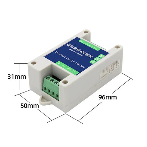 Two Channel Analog Input To Modbus RTU RS485 Converter For PLC IO Module with dimensions of 96mm x 50mm x 31mm, industrial grade