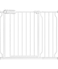 Wide Baby Gate For Doorways And Stairs With Pressure Mounted Extension shown in full view, 38.5-43.5 in wide, 30 in tall metal gate.