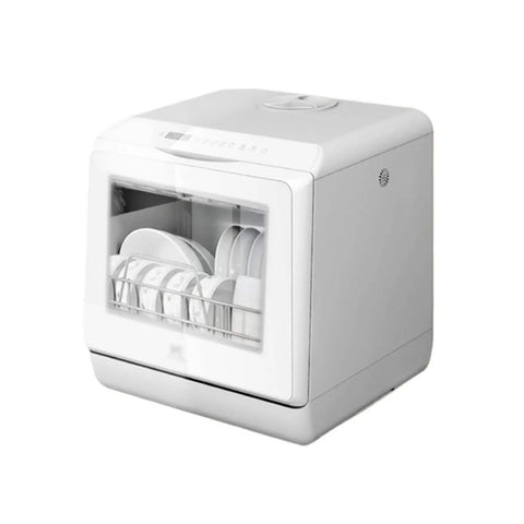 Plug And Go Compact Desktop Dishwasher With Intelligent Drying And Triple Wash Filter Designed To Skip The Install Drama While Delivering Immaculate Cleanings Daily, white countertop unit.