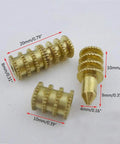 Thirty Piece Heavy Duty Zinc Alloy Table Leaf Alignment Pins Brass Plated Table Dowel Locators shown in various sizes and shapes.