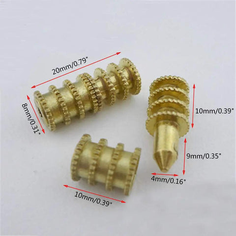 Thirty Piece Heavy Duty Zinc Alloy Table Leaf Alignment Pins Brass Plated Table Dowel Locators shown in various sizes and shapes.