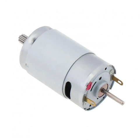 Cool 390 DC Motor With 12V Power Hit 22k RPM And Huge Torque For Robotics Or Automation Projects, silver metal body, angled view.