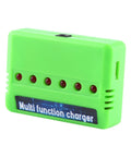 Green six in one drone charger with six XH ports for 3.7V LiPo batteries, featuring overcharge and short circuit protection.