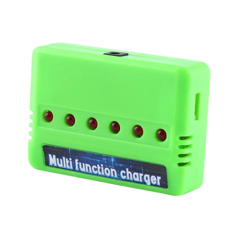 Green six in one drone charger with six XH ports for 3.7V LiPo batteries, featuring overcharge and short circuit protection.
