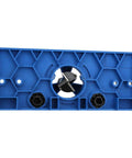 Blue plastic hinge-boring jig with central drill guide and two black adjustment knobs.
