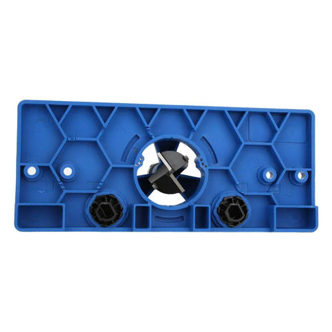 Blue plastic hinge boring jig for cabinet doors with 35mm hole opener; kit includes drill bit, wrench, and positioning rod.