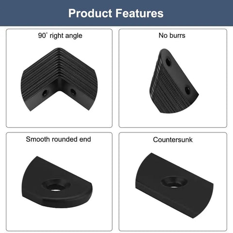 Product features of Six Piece Black L Brackets Corner Braces Heavy Duty 304 Stainless Steel Shelf Supports, showing 90° angle, smooth edges.