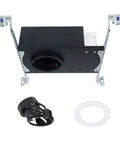 Oculux Architectural 3.5 Inch IC Rated Airtight Light Engine Housing With 30 Degree Adjustable LED 3000K Color Temperature Built For New Construction, Round Or Square Trim Sold Separately, Energy Star Rated And CEC Title 24 Compliant displayed on white background showing housing frame, trim adapter, and mounting plate