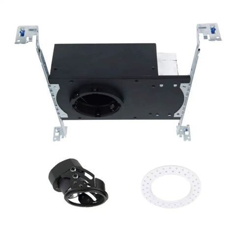 Oculux Architectural 3.5 Inch IC Rated Airtight Light Engine Housing With 30 Degree Adjustable LED 3000K Color Temperature Built For New Construction, Round Or Square Trim Sold Separately, Energy Star Rated And CEC Title 24 Compliant displayed on white background showing housing frame, trim adapter, and mounting plate