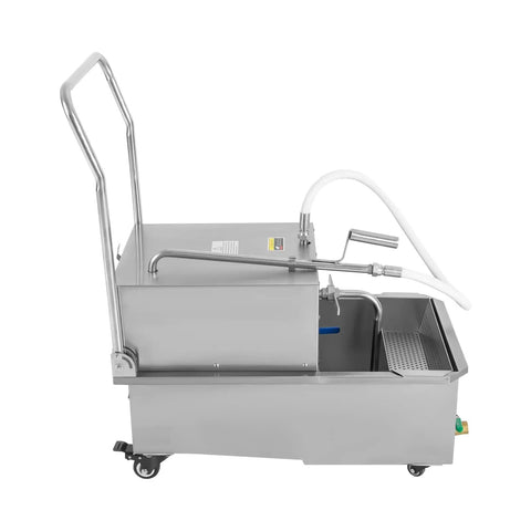 Commercial Fryer Filter Cart Mobile Oil Purifier Knock Grease Costs Down And Keep Kitchen Operations Running Slick With Rapid Filtration Heavy Duty 55 Liter Tank side view of stainless steel fryer oil filter cart with hoses