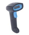 Close-up of 1D Wireless Barcode Scanner with 2.4G USB, black and blue design, 640x480 resolution, for retail and warehouse use