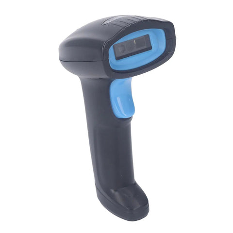 Close-up of 1D Wireless Barcode Scanner with 2.4G USB, black and blue design, 640x480 resolution, for retail and warehouse use