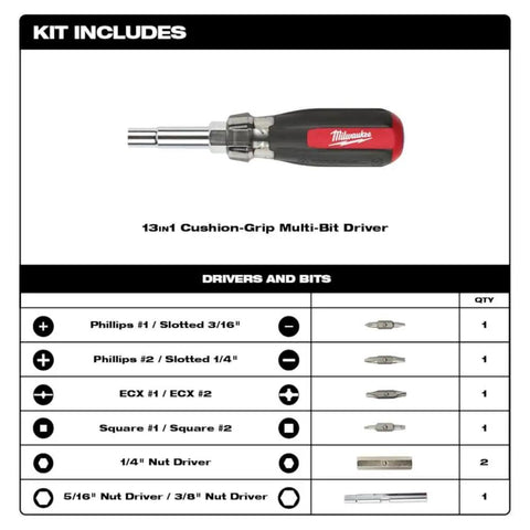 Thirteen In One Cushion Grip Screwdriver Set With Eight Driver Bits And Four Nut Drivers shown with tool specifications.