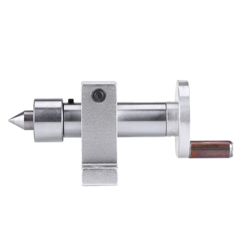 Rock Solid Screaming Precision Mini Lathe Revolving Center Dual Bearing Tailstock Upgrade Heavy Duty with silver metal body.