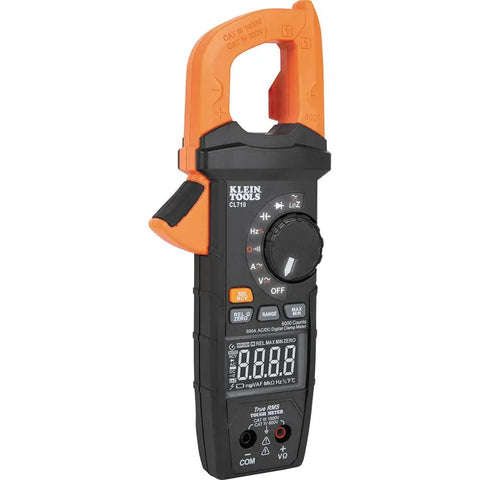 Auto Ranging Digital Clamp Meter With True RMS For AC And DC Current And Voltage Resistance Continuity Frequency Capacitance LoZ NCVT And 1000V Rating Must Have Pro Grade Durable Handy Tool For Electricians showing orange and black design