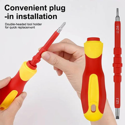 Heavy Duty 1000V Insulated Electrician Tool Set with double-headed quick release screwdriver handle and bits.