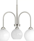Carisa Three Light Chandelier In Brushed Nickel Finish With Glossy White Glass Globes For Modern Living And Dining Rooms Mid Century Revival Style For Home Decor