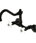 Vintage Center Wall Mount Kitchen Faucet In Matte Black With Adjustable Center Spacing From 3.5 To 8.5 Inches, Solid Brass Construction
