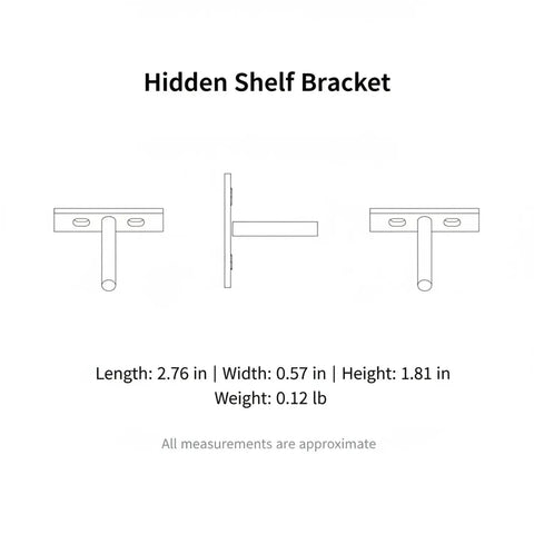 Diagram of a 2.8 Inch Nickel Plated Steel Hidden Shelf Bracket For Invisible Floating Wall Mounts with dimensions