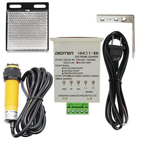 Six Digit Digital LED Traffic Counter Kit with Photoelectric Sensor and Reflector, components shown