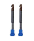Front view of two carbide end mills with 1/4in reduced shanks and blue bases, 5/16in 37° helix, 3-flute, ZRN coating