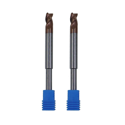Front view of two carbide end mills with 1/4in reduced shanks and blue bases, 5/16in 37° helix, 3-flute, ZRN coating