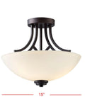 Three Light Semi-Flush Ceiling Mount In Oil Rubbed Bronze With Flat Opal Glass Shade For Kitchen Or Dining Room, Dope Transitional Lighting With Classic Metal Detailing shown against a white background with dimensions labeled.
