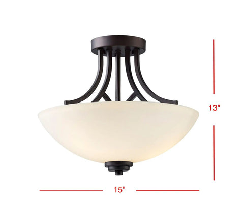 Three Light Semi-Flush Ceiling Mount In Oil Rubbed Bronze With Flat Opal Glass Shade For Kitchen Or Dining Room, Dope Transitional Lighting With Classic Metal Detailing shown against a white background with dimensions labeled.