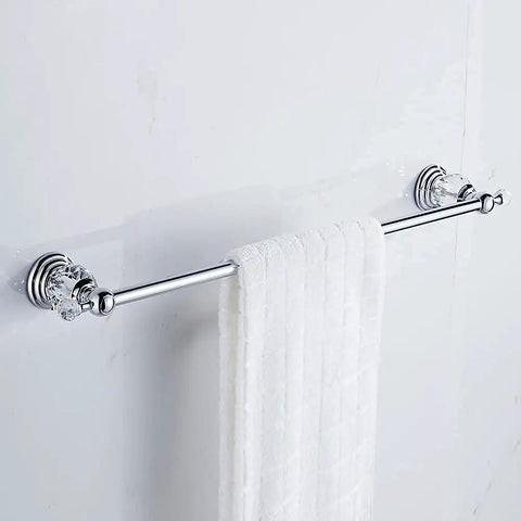Crystal Chrome Bathroom Accessory Set For Your Modern Pad with 24 inch towel bar in polished silver, wall mounted on white background.