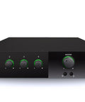 Front view of 4-Input 1-Output Pro Audio Mixer, 1U Rackmount, Fanless Design, Euroblock Mic Line I O, RCA Unbalanced Inputs.