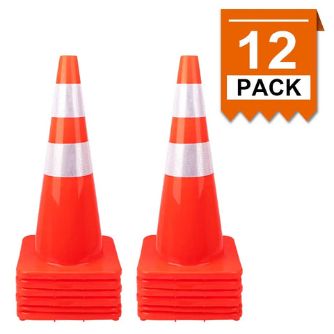 Heavy Duty 28 Inch Traffic Cones Set Of 12 PVC Safety Cones For Roads Parking Lots And Construction Sites Orange With Reflective Tape