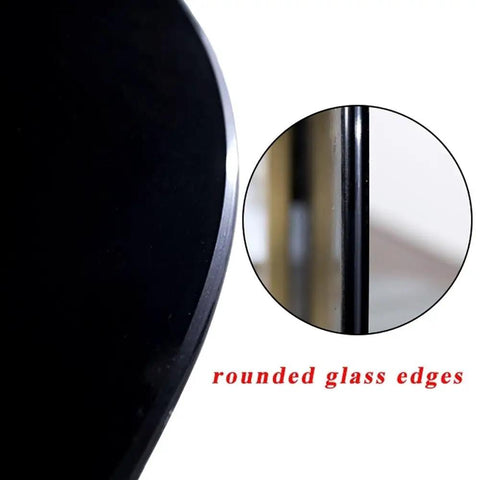 Close-up of rounded glass edges of Heavy Duty Tempered Glass Rotating Serving Tray With Premium Steel Bearings.