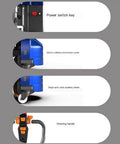 Detailed features of the Premium Industrial Electric Pallet Jack With 4400 Lb Capacity, showing power switch, cover, wheels, and handle.