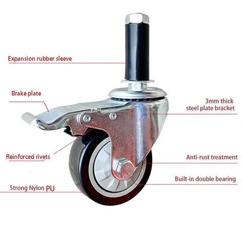 Close-up of Rock Solid Heavy Duty Swivel Caster featuring rubber sleeve, steel bracket, and nylon wheel, M12 X 60mm threaded.
