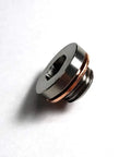 Side view of 6AL-4V Titanium Plug M12x1.25 with copper washer, precision machined Gr5 fastener for heavy duty auto and industrial use.