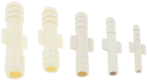 Dorman 47307 five-piece hard vacuum tubing connector set; white plastic barbed hose fittings.