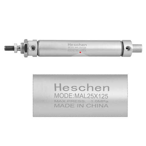 Slim Pneumatic Air Cylinder MAL 25-125, 25mm Bore And 125mm Stroke, PT One Eighth Inch Port, shown with close-up of label