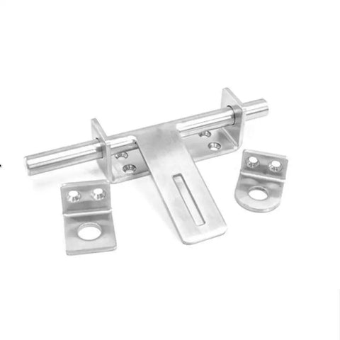 Heavy Duty Stainless Steel Slide Bolt Gate Latch With Tough As Nails Barrel Lock For Barn And Warehouse Doors, showing slide bolt and plates.