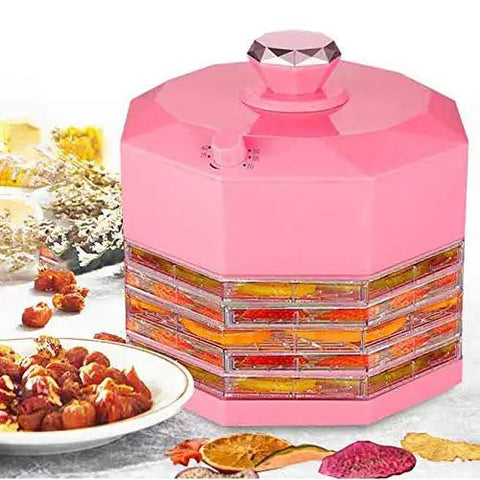 Dang Sweet Compact 5 Tray Food and Pet Dehydrator Machine With 8 Speed Controls, pink design with stacked trays for drying snacks.