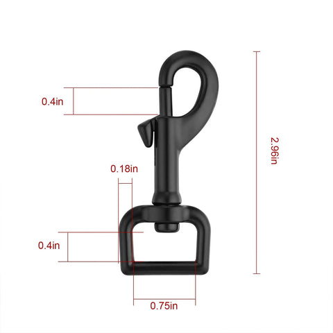 Top Tier Hella Sturdy Black Swivel Eye Bolt Snap Hooks And Heavy Duty Dog Leash Clips With Rust Resistant Zinc Alloy Build For Secure Pet Walking Gear Four Pack, measuring 2.96in by 0.75in.