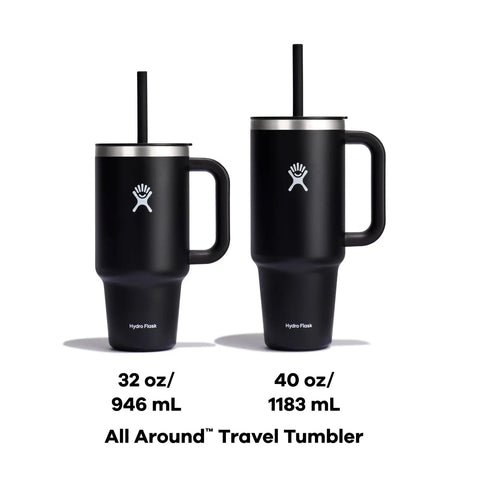 On The Fly 40 Oz Stainless Steel Travel Tumbler With Comfort Grip Handle And Leak Proof Straw Lid side by side with 32 oz model.