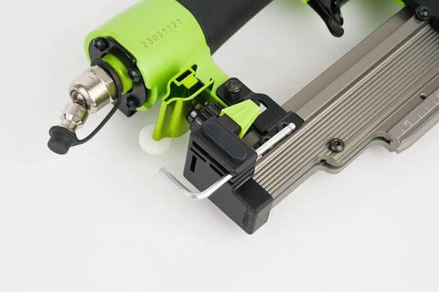 Top Tier 23 Gauge Headless Pin Nailer With Auto Lock Out And Adjustable Edge Guide close-up view of adjustable edge guide and body.