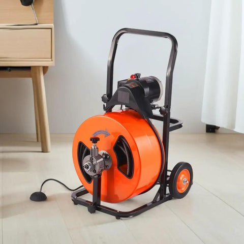 Heavy Duty Electric Sewer Auger With Auto Feed And Four Cutter Blades side view showing red drum, foot control and steel core cable.