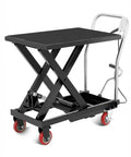 Hella Sturdy Hydraulic Lift Table Cart 1100 Pound Capacity Scissor Work Platform black lift table with locking casters and manual pump.