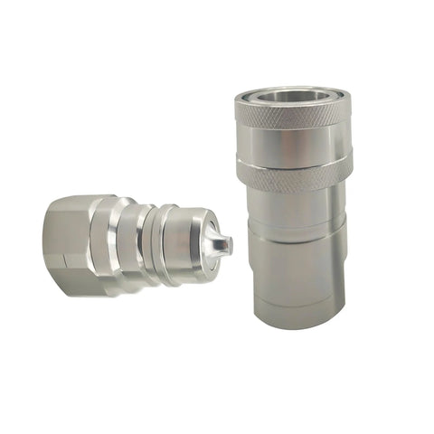 Hydraulic quick-connect coupler set, front and side views, carbon steel with 1'' NPT threads.