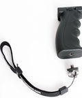 Ergonomic Camera Grip Stabilizer Rig for DSLR Mirrorless and Camcorder, shown with universal thread and wrist strap.