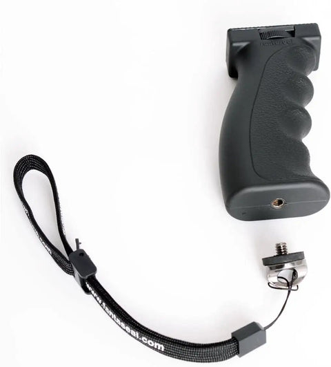 Ergonomic Camera Grip Stabilizer Rig for DSLR Mirrorless and Camcorder, shown with universal thread and wrist strap.