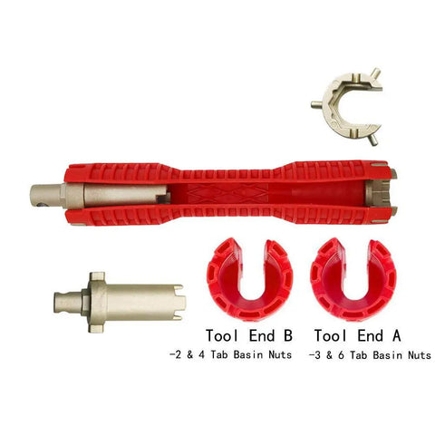 Do It All Faucet And Sink Installer Tool 8 In One Basin Wrench with red handle and interchangeable ends displayed separately