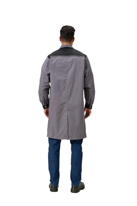 Back view of Mens Workshop Long Lab Coat With Concealed Front Button Closure Tough Twill Workhorse Ready Coat in Black and Grey XL