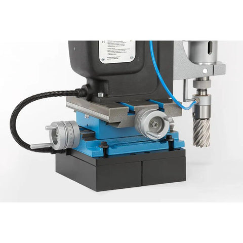 Close-up of Rock Solid Workhorse Portable Magnetic Mill Drill With Adjustable Base Variable Speed Four Gear Drive Reversible Motor.